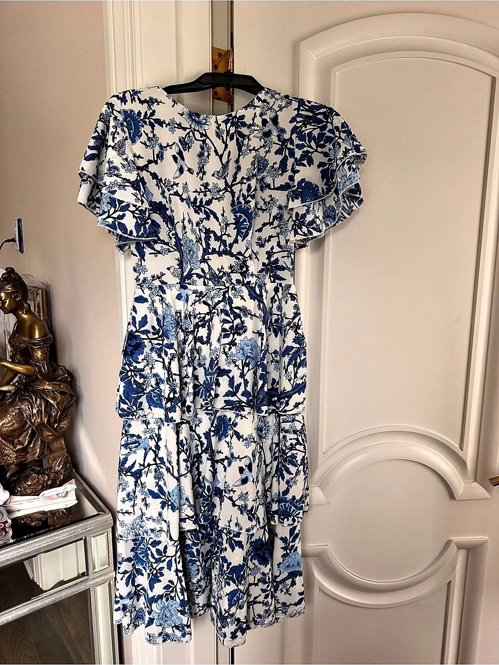 SHEIN Tiered Midi Dress Blue White Floral Bird Print